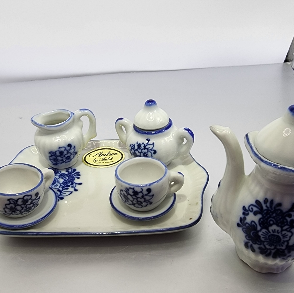 Andrea by Sadek 3" Dolls Mini Tea Set Floral Blue Porcelain China 10 Piece Set.